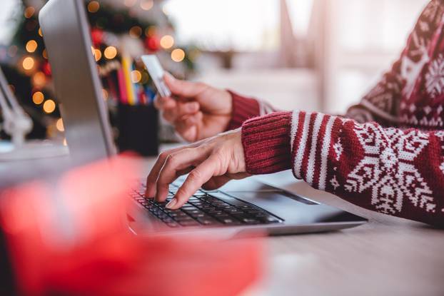 Women,Wearing,Red,Sweater,Shopping,Online,And,Using,Credit,Card