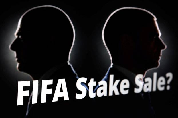 Illustration shows silhouettes of FIFA President Gianni Infantino and UEFA President Aleksander Ceferin are seen next to text that reads "FIFA Stake Sale?\