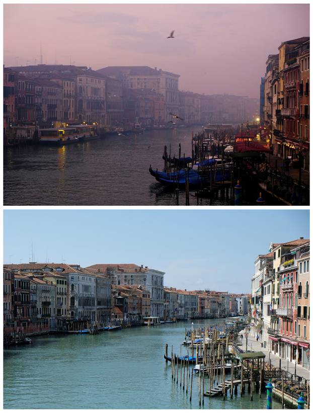 A combination picture shows a general view of Grand Canal in Venice
