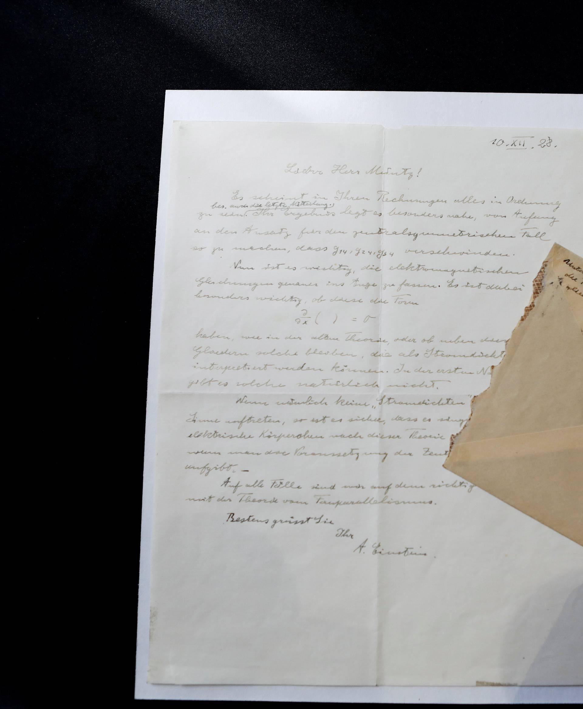 A letter written by Albert Einstein in 1928 is seen before it is sold at an auction in Jerusalem