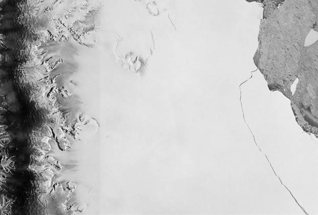 ESA satellite image of an iceberg which broke away as part of the natural cycle of iceberg calving off the Larsen-C ice shelf in Antarctica