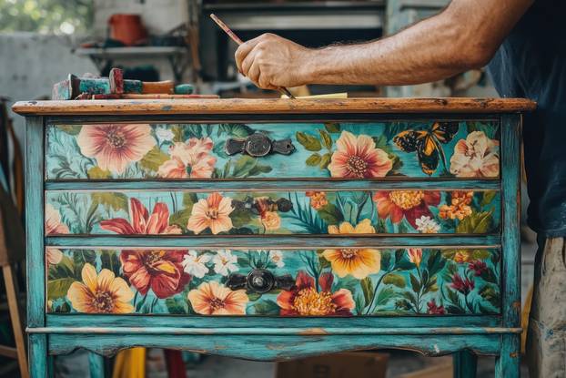 Discover the charm of upcycled furniture with this image featuring an artist painting a wooden dresser outdoors with a floral pattern, showcasing the heart of an eco-friendly furniture reuse business