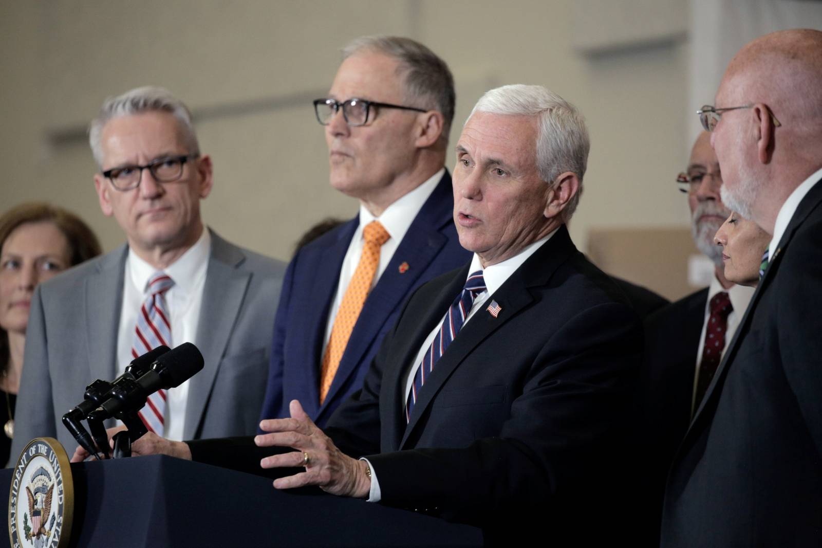 U.S. Vice President Mike Pence, who heads the government's coronavirus task force, speaks during a press conference at the Pierce County Readiness Center at Camp Murray near Tacoma