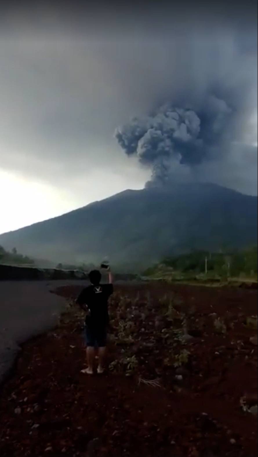 Cooled lava is seen near the base of Mount Agung, in Bali