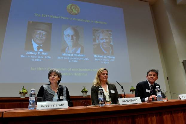 Juleen Zierath, Professor of Physiology, Anna Wedell, chairman Nobel Committee for Physiology or Medicine 2017, are seen during the announcement of the winners of the Nobel Prize in Physiology or Medicine 2017, in Stockholm