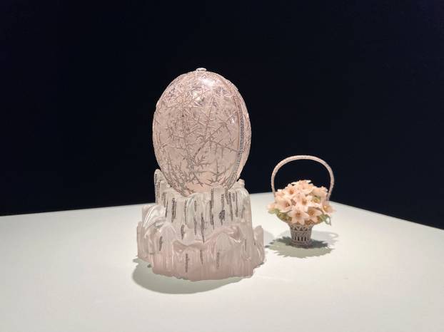 The Imperial Winter Egg by Faberge is displayed at Christie’s auction house in London