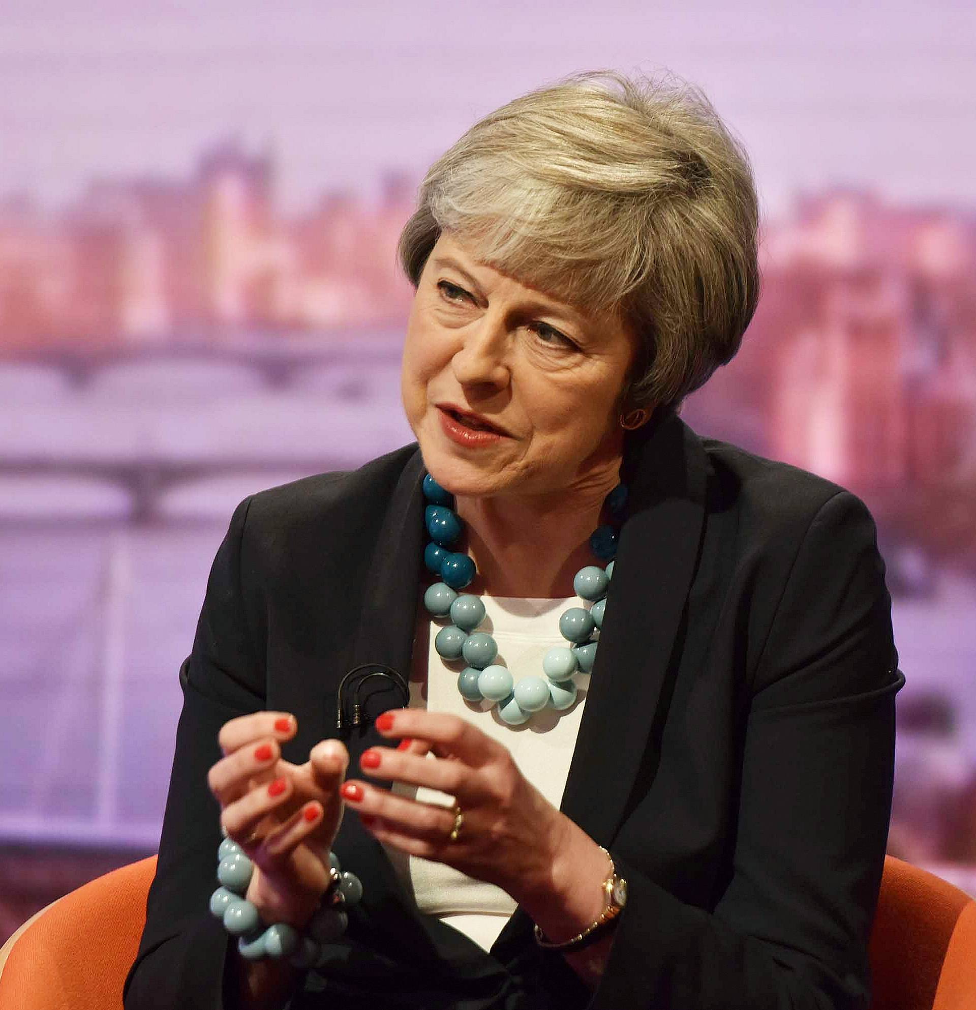 Britain's Prime Minister Theresa May appears on BBC TV's The Andrew Marr Show in London