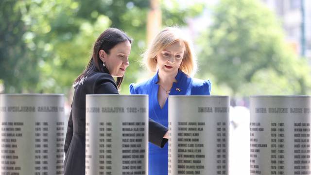 British Foreign Secretary Elizabeth Truss and Mayor of Sarajevo, Benjamina Karic visit monument for children who were killed during the siege of Sarajevo