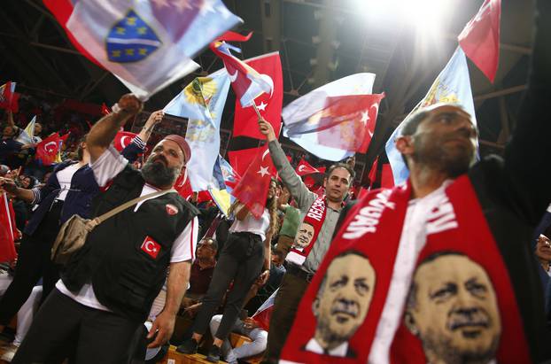 Supporters of Turkish President Erdogan attend a pre-election rally in Sarajevo