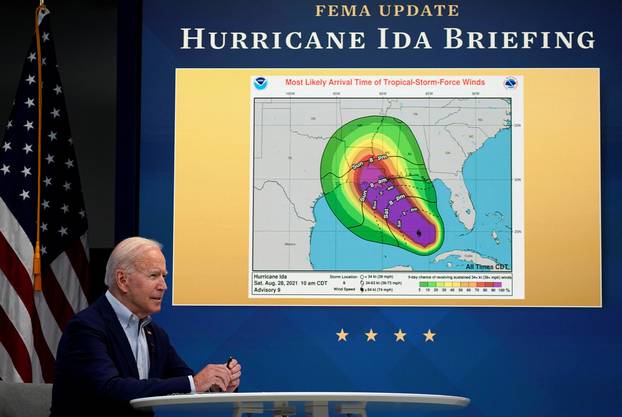 U.S. President Joe Biden speaks during a virtual briefing with FEMA Administrator Deanne Criswell on preparations for Hurricane Ida at the White House in Washington
