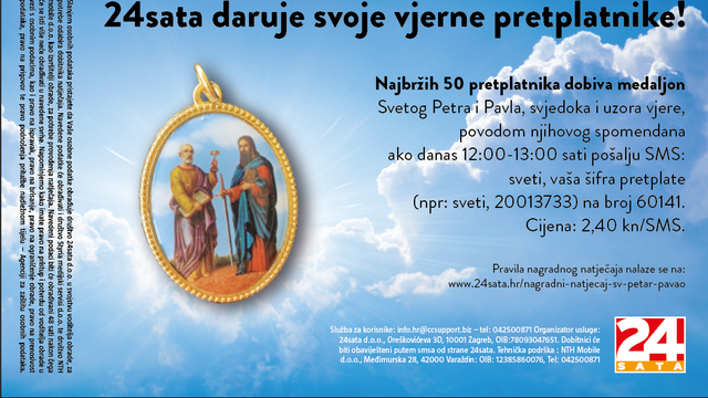 Donosimo pravila nagradnog natječaja "24sata daruje medaljon sv. Petar i Pavao”
