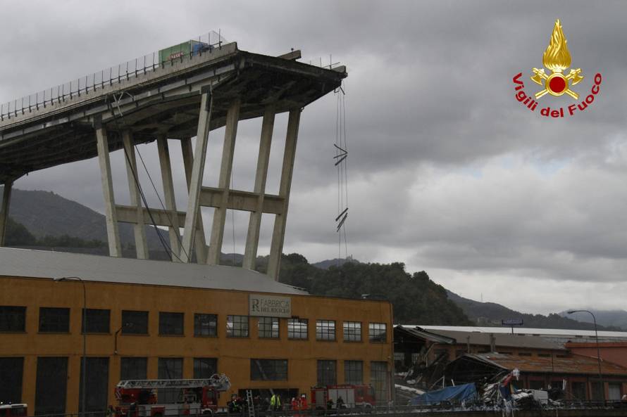 The collapsed Morandi Bridge is seen in the Italian port city of Genoa in this picture released by Italian firefighters