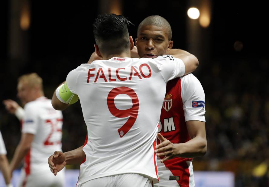 Monaco's Radamel Falcao celebrates scoring their second goal with Kylian Mbappe-Lottin