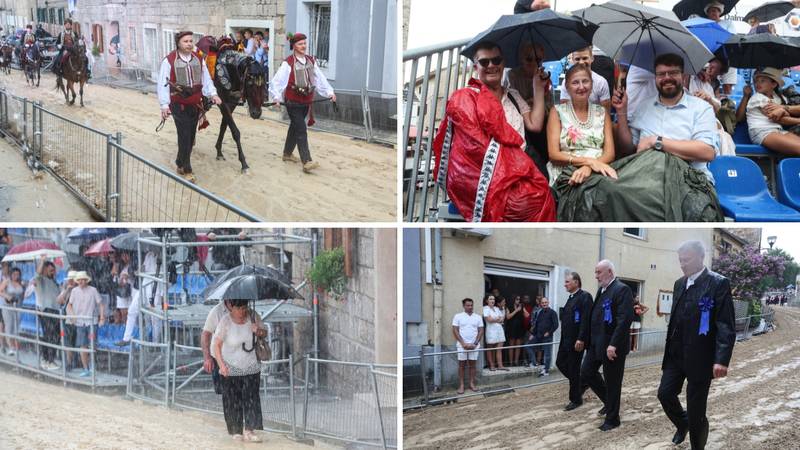 FOTO Kišobrani, konji u blatu  i pokisli gosti: Jaki pljusak odgodio je ovogodišnju Alku