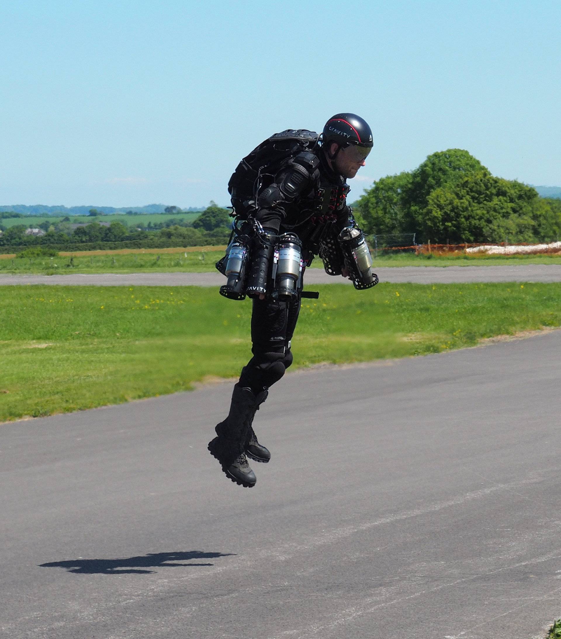 Inventor Richard Browning of technology startup Gravity flies in his ÃDaedalusÃ jet suit at Henstridge airfield in Somerset