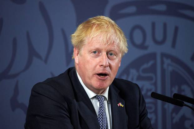 British Prime Minister Boris Johnson delivers his speech in Blackpool