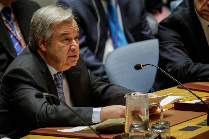 United Nations Secretary-General Guterres speaks during the United Nations Security Council meeting on Syria at the U.N. headquarters in New York