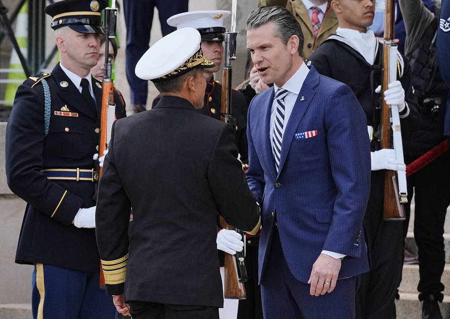 U.S. Defense Secretary Pete Hegseth welcomes El Salvador Defense Minister Rene Merino Monroy at the Pentagon in Washington
