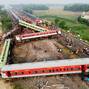 A drone view shows derailed coaches after two passenger trains collided in Balasore