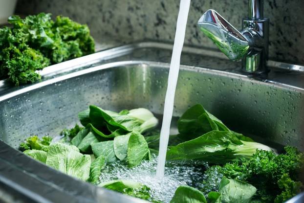 Washing,In,Water,In,Sink,Green,Kale,Cabbage,Leaves,In