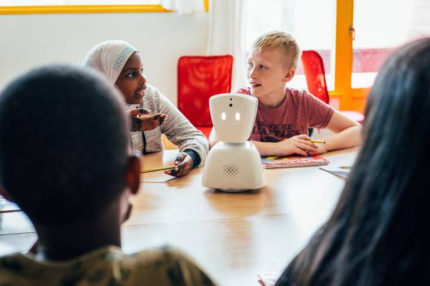 No Isolationâs AV1 robot in a classroom in Norway. It helps children with long term illnesses keep up with their schoolwork remotely. CREDIT: No Isolation