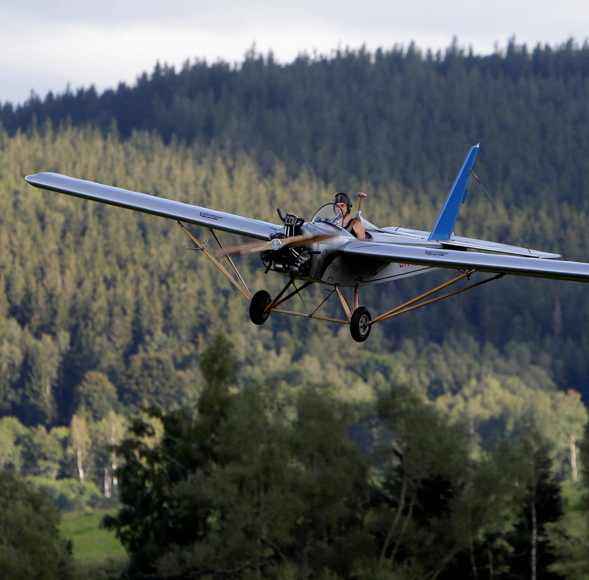 Aviator Frantisek Hadrava pilots Vampira, an ultralight plane based on the U.S.-design of light planes called Mini-Max, near the village of Zdikov