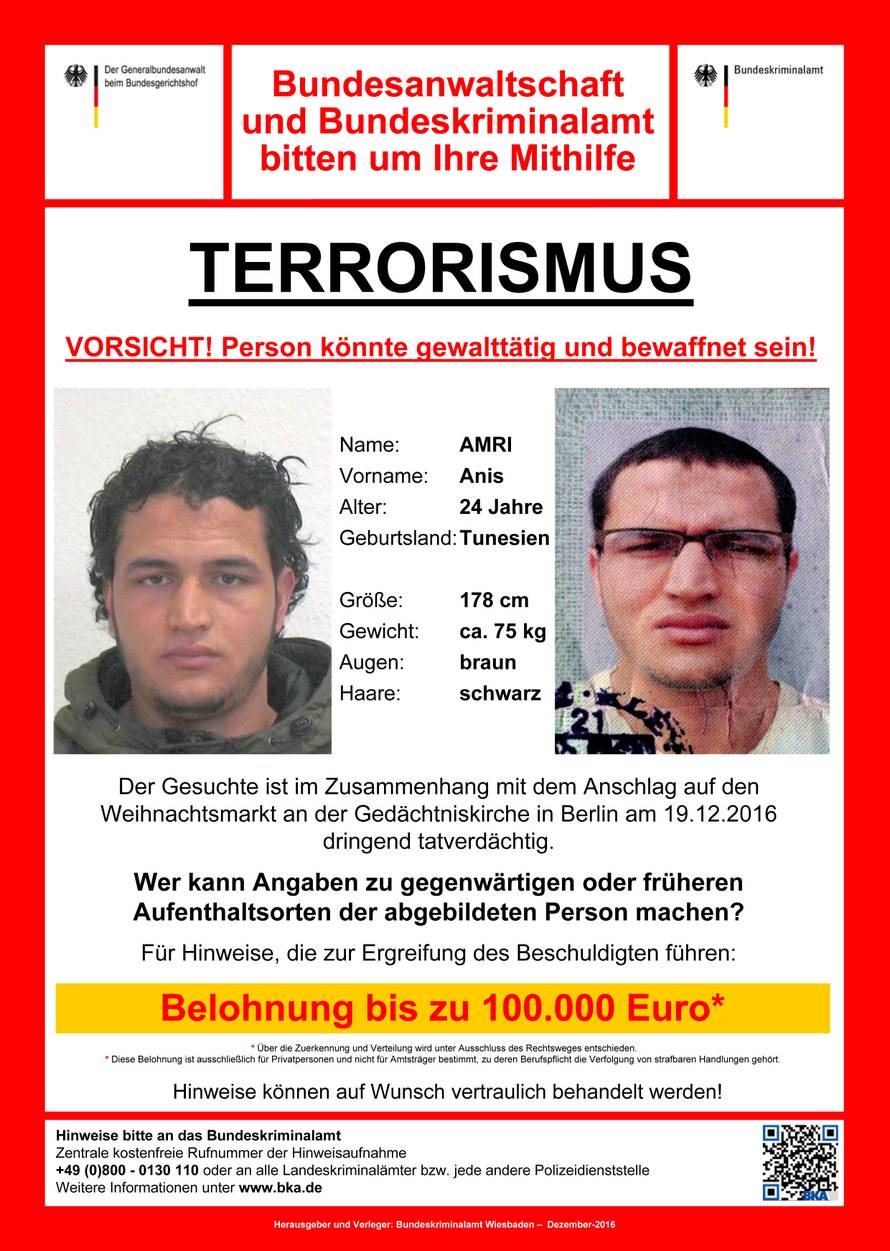 Handout wanted poster released by the German Bundeskriminalamt (BKA) Federal Crime Office shows suspect Anis Amri searched in relation with the Monday's truck attack on a Christmas market in Berlin