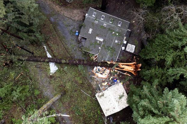 An aerial view after a severe windstorm in Boulder Creek, California