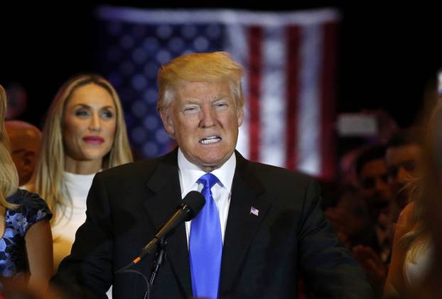 Republican U.S. presidential candidate and businessman Donald Trump speaks to supporters following the results of the Indiana state primary at Trump Tower in Manhattan, New York