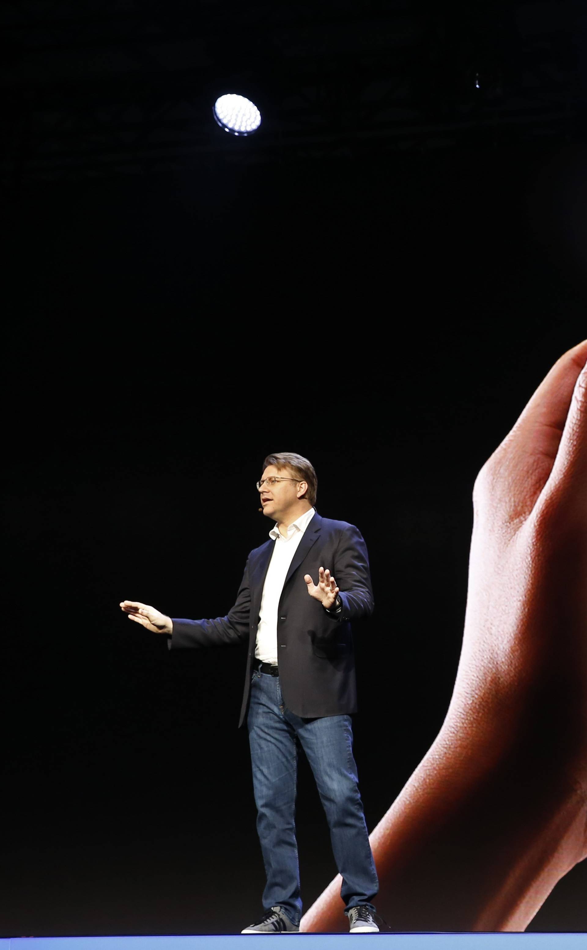 Justin Denison, Samsung Electronics senior vice president of Mobile Product Marketing, speaks during the unveiling of Samsung's new foldable screen smart phone, during the Samsung Developers Conference in San Francisco