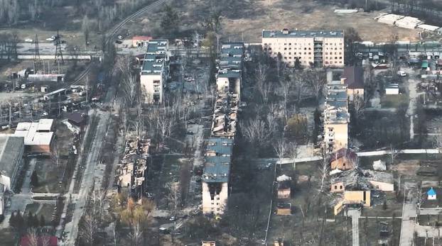 A view of a damaged neighbourhood near the Antonov International Airport, near Hostomel