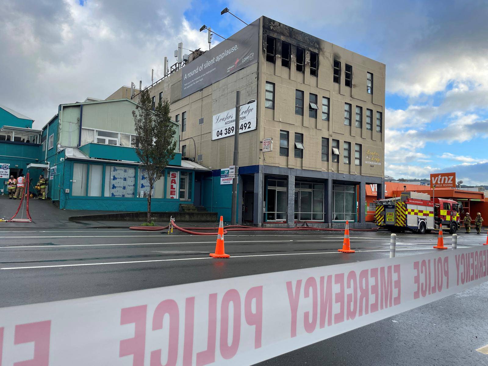 The exterior of a hostel in Wellington, after a fire ripped through the building