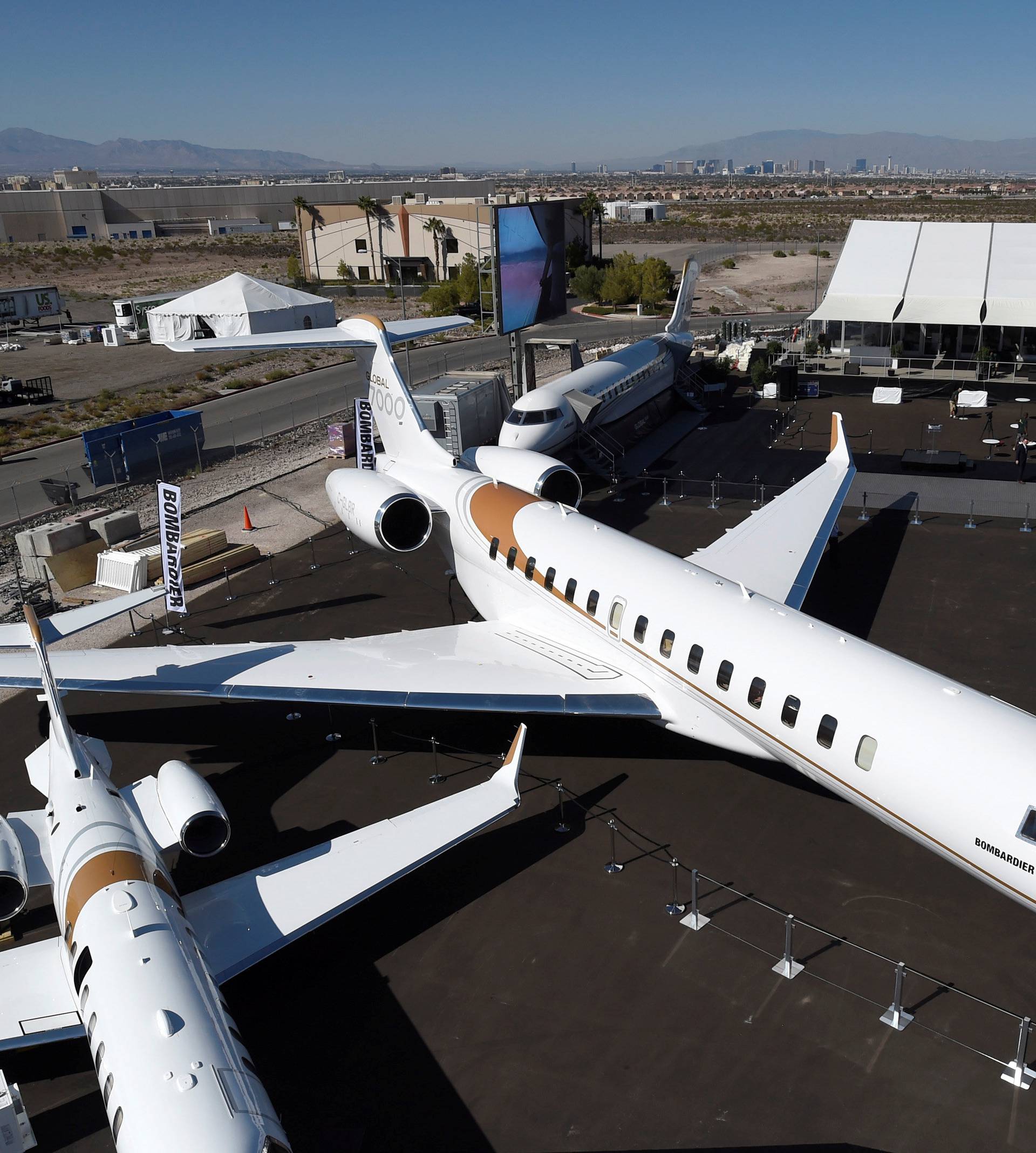 An aerial view of Bombardier's new Global 7000 business jet is seen during the National Business Aviation Association at the Henderson Executive Airport in Henderson