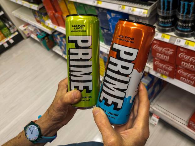 Cans of Prime Energy drinks in a store in New York on Tuesday, July 11 2023. NY Senator Charles Schumer recently called for the FDA to investigate the company because they contain more caffeine than is safe for children. The drinks are sweet and fruity, p