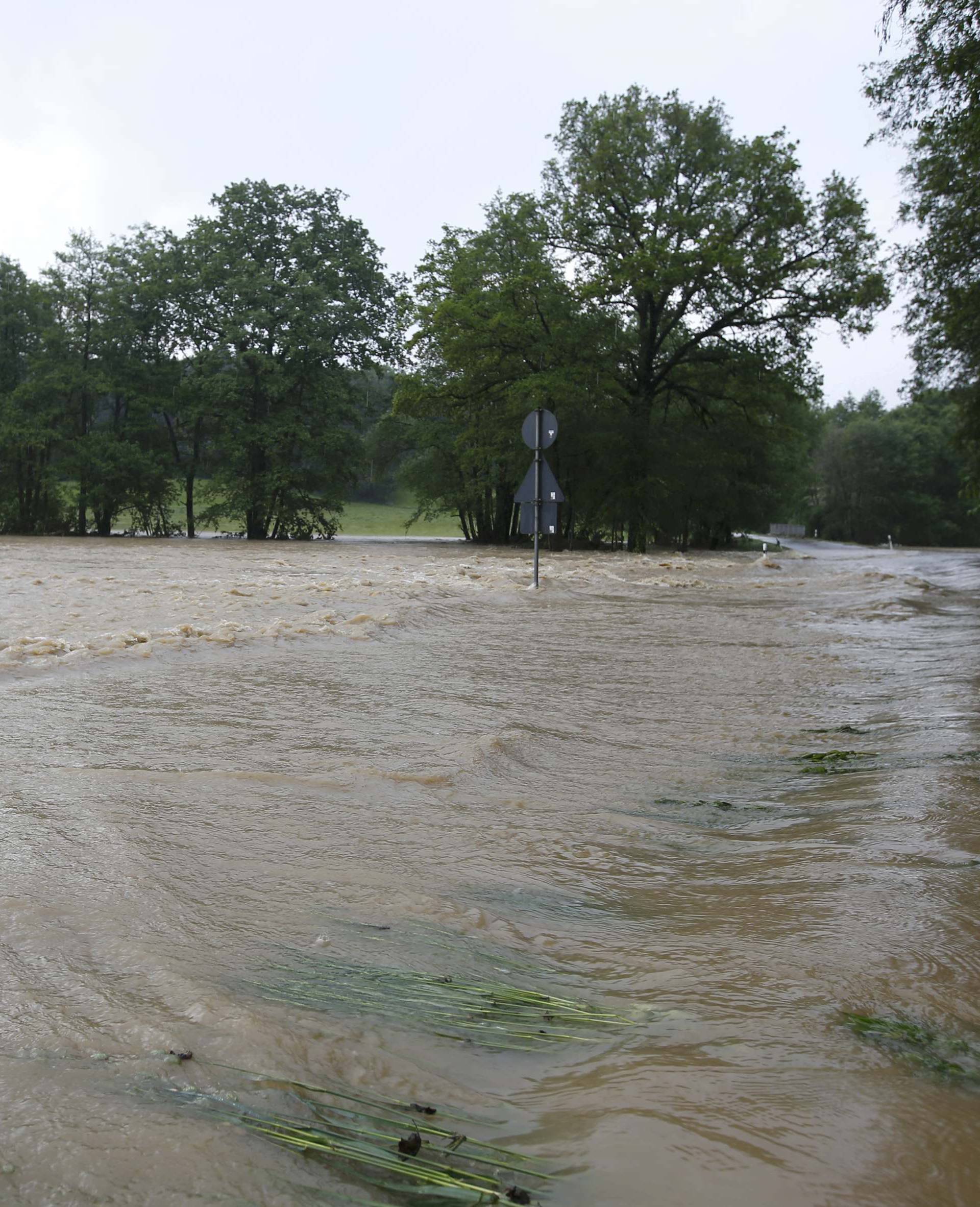 A flooded street is pictured in the Bavarian village of Triftern