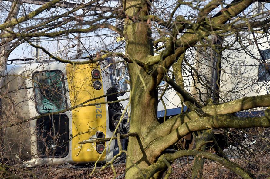 The wreckage of a passenger train is seen after it derailed in Kessel-Lo near Leuven