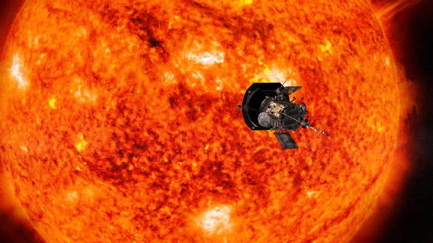 Artist's concept shows the Parker Solar Probe spacecraft flying into the Sun's outer atmosphere