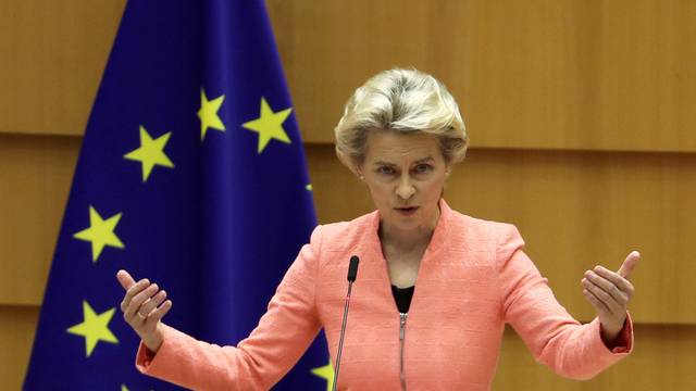 FILE PHOTO: European Commission President Ursula von der Leyen addresses her first State of the European Union speech during a plenary session of the European Parliament, in Brussels