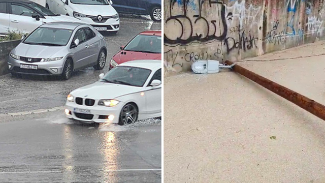 VIDEO Jako nevrijeme u Splitu: Kiša poplavila ceste, automobili 'plivaju', grom udario u stup