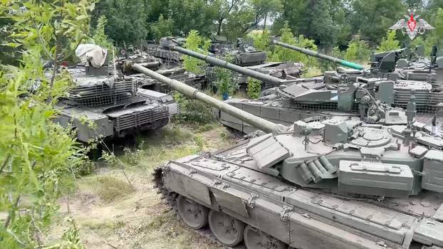A view shows the tanks, which were handed over by the Wagner mercenary group to Russia's regular armed forces, according to Russian Defence Ministry