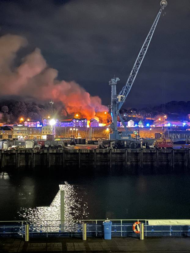 A general view of fire and smoke in Saint Helier following an explosion on the island of Jersey