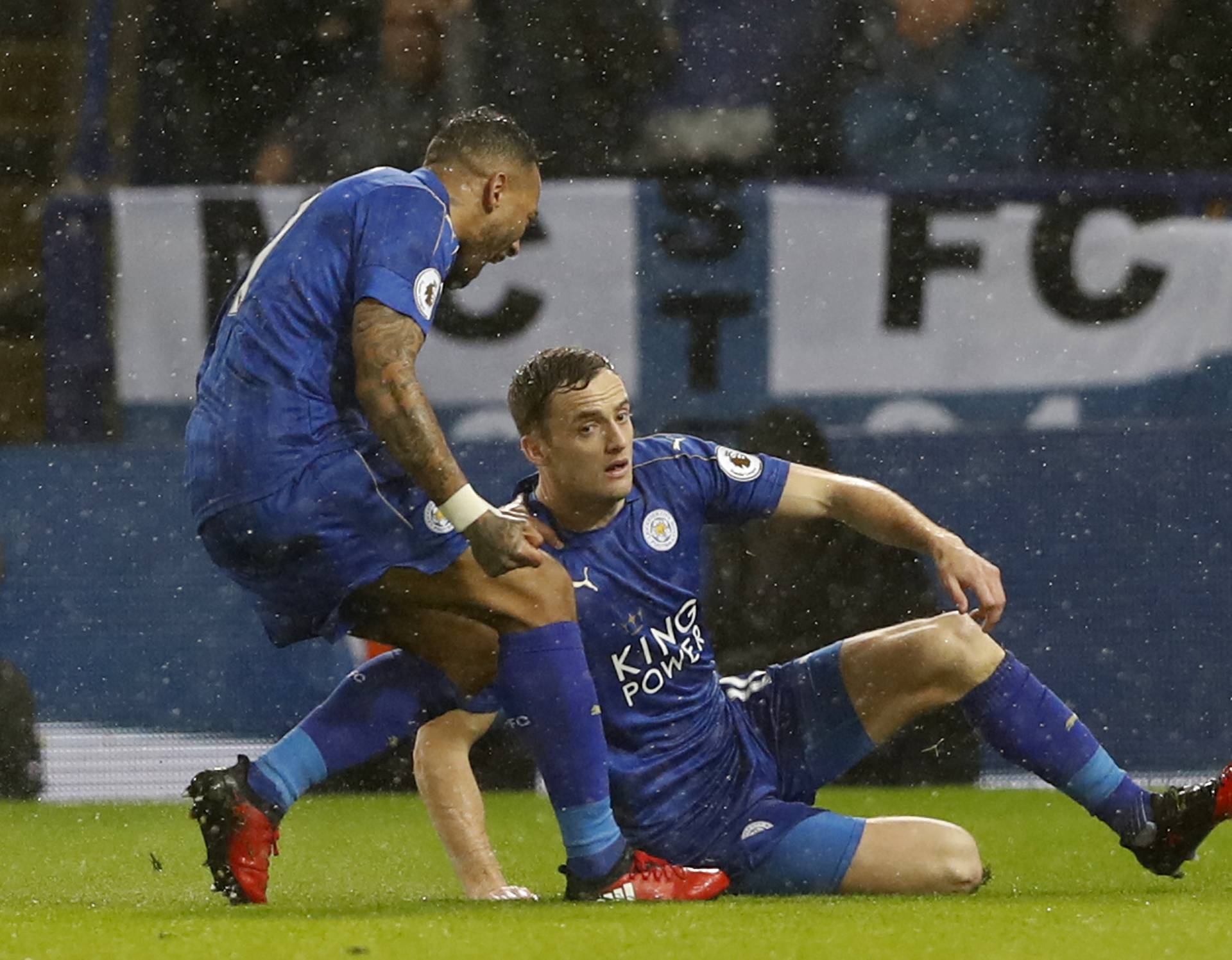 Leicester City's Andy King celebrates scoring their second goal with Danny Simpson