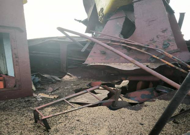 View shows a civilian cargo vessel damaged by a Russian missile strike in the Black Sea