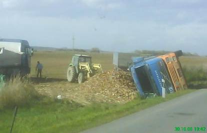 Kamion se prevnuo na bok, kukuruz se rasipao u polje