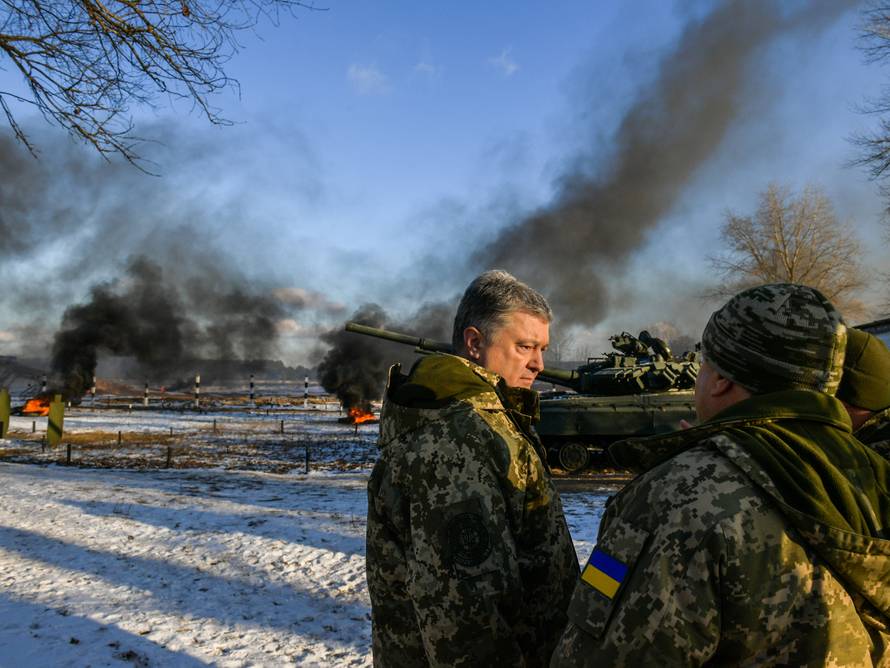 Ukraine's President Poroshenko visits a military training centre in Chernihiv Region