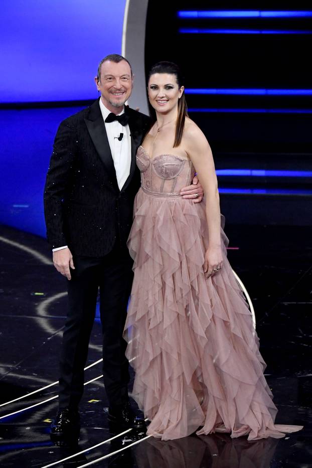 Sanremo, 73rd Italian Song Festival, Third Evening. Amadeus with his family on the Ariston stage