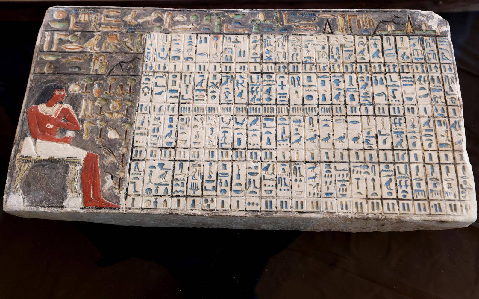 An artifact is displayed after the announcement of 4,300-year-old sealed tombs discovered in Egypt's Saqqara necropolis, in Giza