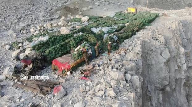 A drone view shows mine workers trapped in a landslide-struck mountainous area, following the earthquake, in Hualien