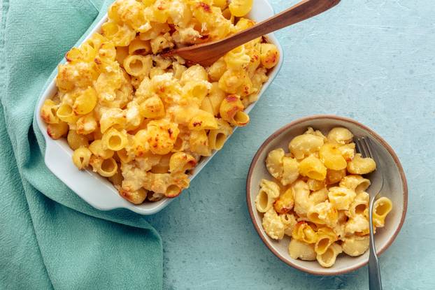 Mac and Cheese, macaroni pasta, oven-baked in a casserole with cream