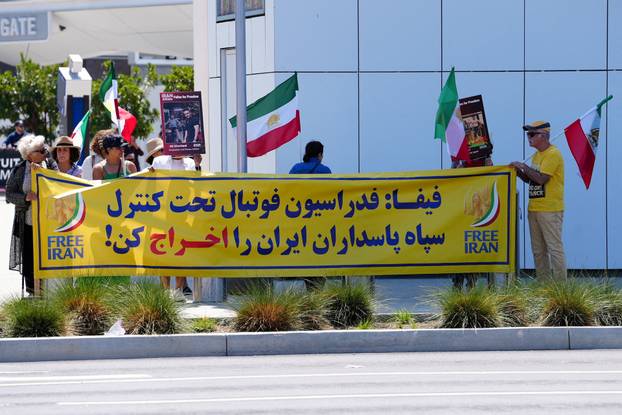 Protest ahead of Iran's first match during the FIFA World Cup 2026, near SoFi Stadium